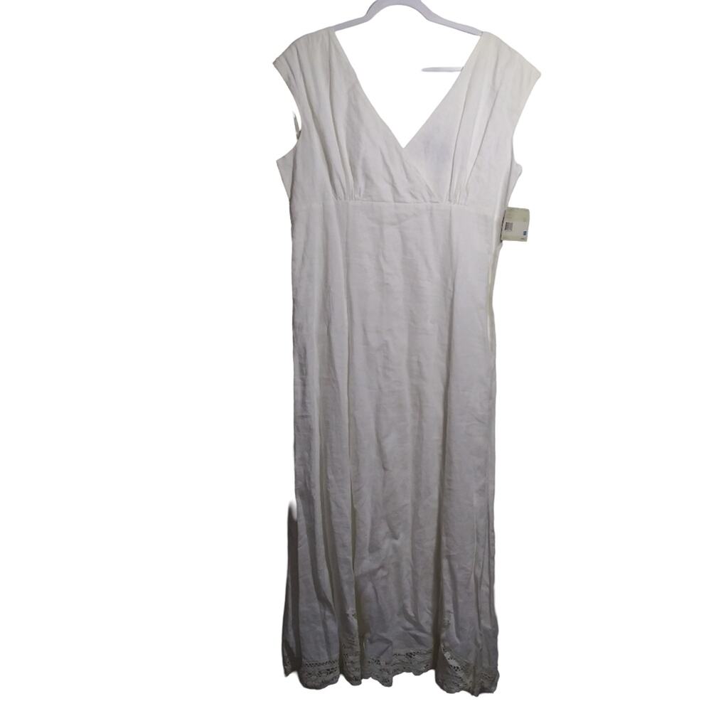 Liz Claiborne White Linen Midi Eyelet Trim Sleeveless Beachy Wedding Dress Sz 16